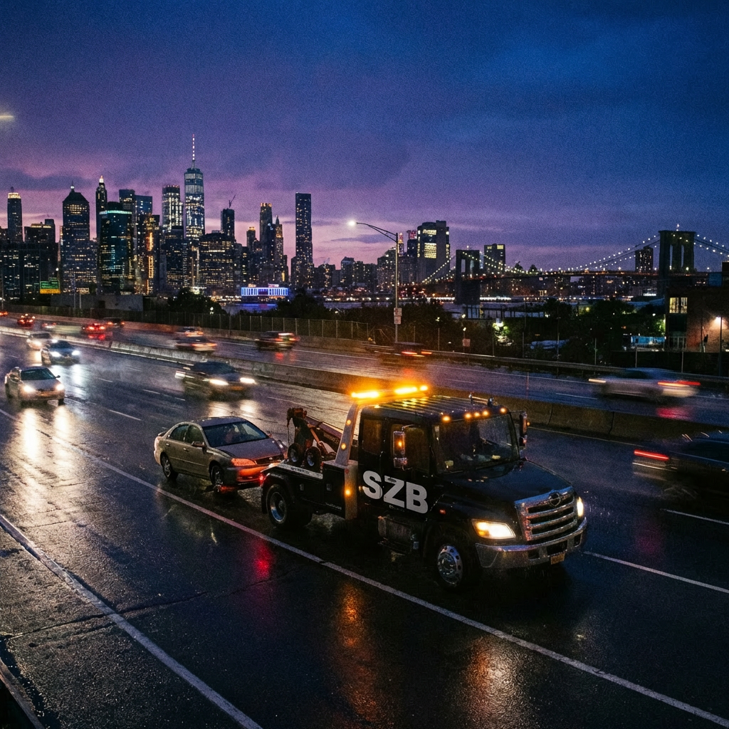 Tow truck on a wet highway with the New York City skyline at dusk.