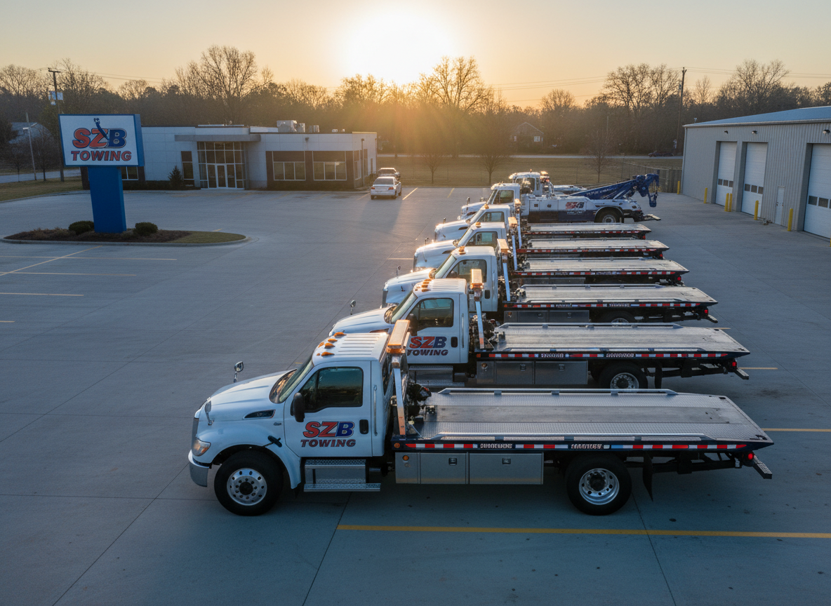 An organized, well-maintained towing operations yard at dawn, featuring a neat row of various SZB Towing trucks—flatbeds, wheel-lifts, and a medium-duty wrecker—aligned diagonally from foreground to background. Each truck is freshly washed, with reflective chevron safety patterns and consistent branding visible on the doors. Cool early-morning blue light fills the scene, while a subtle warm glow rises on the horizon, catching the edges of mirrors and cabs. Photographic realism, wide-angle lens from a slightly elevated perspective, sharp focus throughout to show the entire fleet. The mood is disciplined, professional, and ready-for-action, illustrating that SZB Towing has the capacity to cover Atlanta and surrounding areas efficiently.