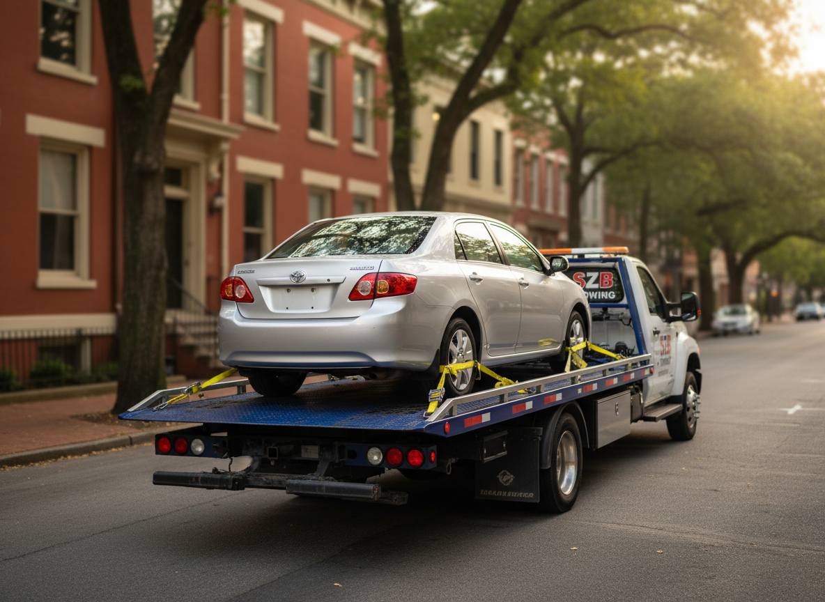 A stranded compact sedan safely secured on the back of a flatbed tow truck, its tires cinched with bright yellow straps and wheel nets, the bed slightly angled as if just loaded. The vehicles are positioned on a quiet Atlanta side street lined with brick buildings and leafy trees, all softly out of focus. Late afternoon sunlight creates gentle highlights along the metal rails and reflective safety tape, with subtle shadows under the truck. Photographic realism, shot from a low, three-quarter rear angle to emphasize secure loading and professional care. The mood is reassuring and composed, conveying that SZB Towing handles breakdowns smoothly and without stress for the driver.