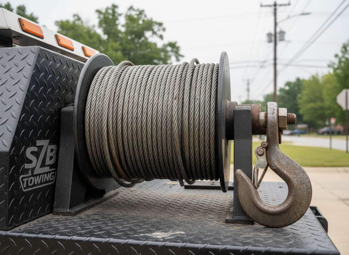 A close-up, photographic view of a sturdy towing hook and thick steel winch cable neatly coiled on the side of a modern tow truck, each metal strand sharply defined and slightly weathered. The hook rests against a textured, diamond-plate steel platform with a matte black finish and subtle scratches from regular use. Soft overcast daylight provides diffused lighting, revealing detail without harsh shadows. In the blurred background, the outline of suburban Atlanta streets and trees is just visible. Composed with the hook in the lower right third of the frame, shallow depth of field, emphasizing precision and readiness. The mood is technical, dependable, and highly professional, highlighting the quality of equipment SZB Towing uses.